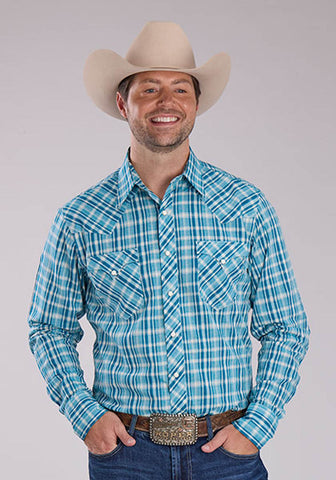 Roper Mens 2466 Ocean Dobby Blue 100% Cotton L/S Shirt