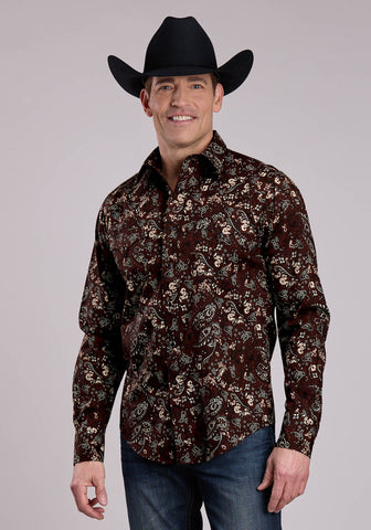 Roper Mens Brilliant Paisley Brown 100% Cotton L/S Shirt
