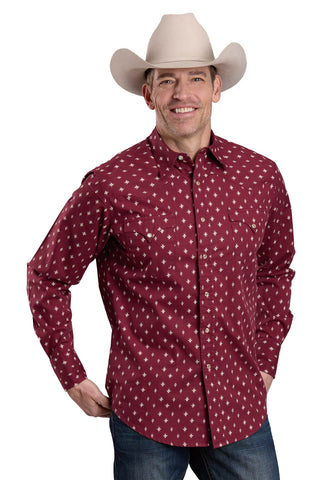 Roper Mens Mini Aztec Red 100% Cotton L/S Shirt