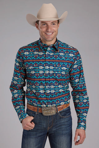 Roper Mens Horizontal Navajo Aztec Blue 100% Cotton L/S Shirt
