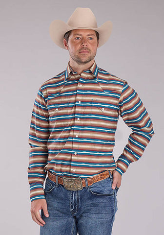 Roper Mens Mini Aztec Stripe Brown/Blue 100% Cotton L/S Shirt