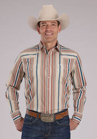Roper Mens Southwest Vertical Stripe Tan/Cream 100% Cotton L/S Shirt