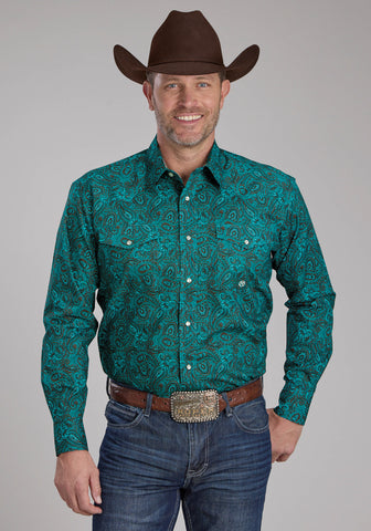 Roper Mens 2238 Mallard Paisley Teal 100% Cotton L/S Shirt