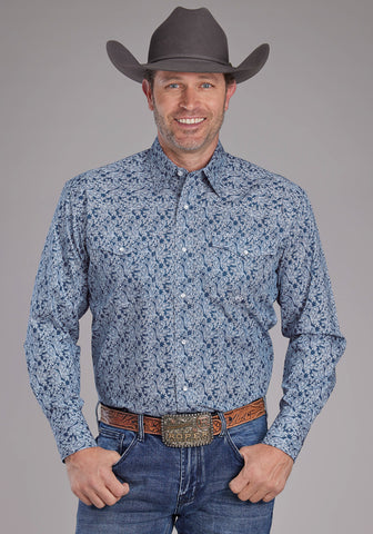 Roper Mens Prairie Paisley Blue 100% Cotton L/S Shirt