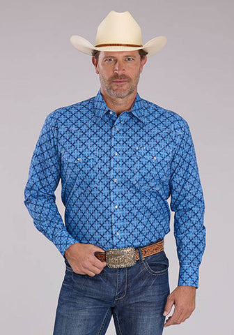 Roper Mens Ribbon Medallion Blue 100% Cotton L/S Shirt