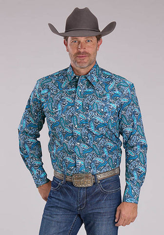 Roper Mens 2502 Sky Paisley Blue 100% Cotton L/S Shirt