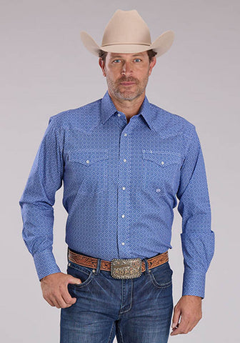 Roper Mens 2508 Stretch Foulard Blue Cotton Blend L/S Shirt