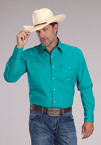Roper Mens 2509 Stretch Poplin Turquoise Cotton Blend L/S Shirt