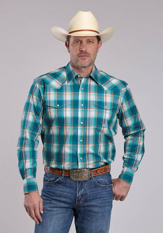Roper Mens 2890 Sunset Plaid Turquoise 100% Cotton L/S Shirt