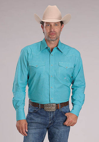 Roper Mens 2510 Stretch Mini Check Turquoise Cotton Blend L/S Shirt