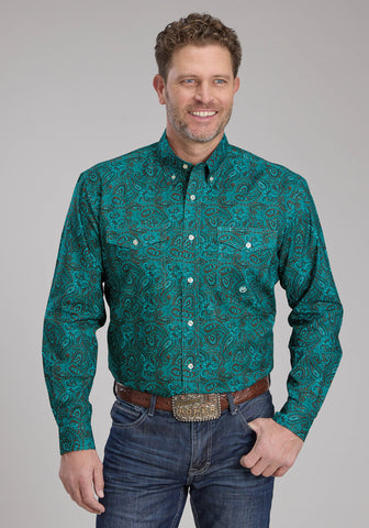 Roper Mens 2238 Mallard Paisley Teal 100% Cotton Btn L/S Shirt