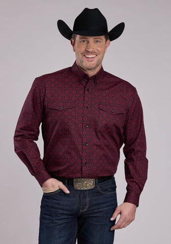 Roper Mens Garnet Medallion Wine 100% Cotton Btn L/S Shirt