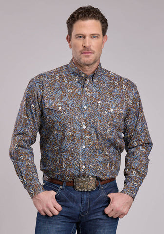 Roper Mens Bluebird Paisley Brown 100% Cotton Btn L/S Shirt