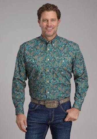 Roper Mens 2382 Dusk Paisley Turquoise 100% Cotton Btn L/S Shirt