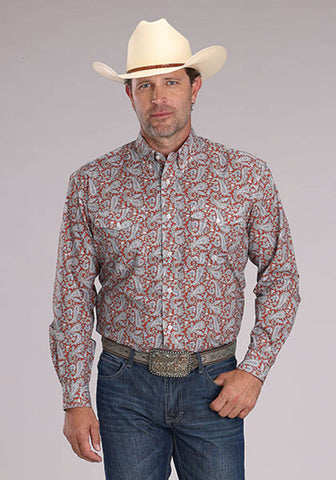 Roper Mens 2499 Clay Paisley Orange 100% Cotton Btn L/S Shirt