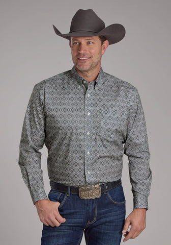 Roper Mens Stretch Medallion Paisley Grey Cotton Blend 1 Pkt L/S Shirt