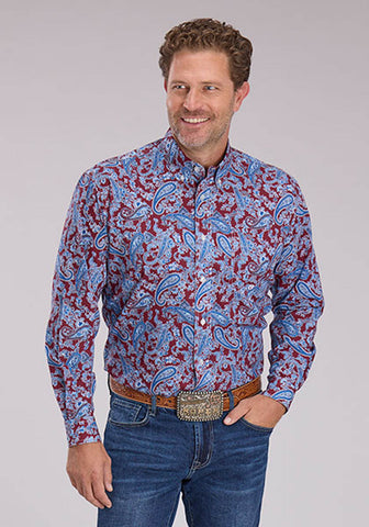 Roper Mens 2496 Heritage Paisley Wine/Blue 100% Cotton 1 Pkt L/S Shirt