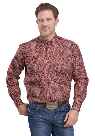 Roper Mens 2585 Plume Paisley Red 100% Cotton Btn L/S Shirt