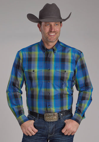 Roper Mens 2247 Cobalt Plaid Blue 100% Cotton Btn L/S Shirt