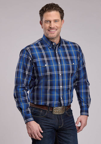 Roper Mens Midnight Plaid Blue 100% Cotton Button L/S Shirt