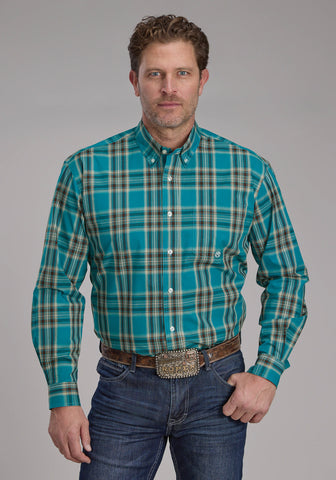 Roper Mens 2246 Real Plaid Teal 100% Cotton 1 Pkt L/S Shirt