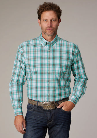 Roper Mens Cold Springs Plaid Green 100% Cotton 1 Pkt L/S Shirt