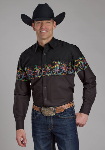 Roper Mens Scribble Bullriders Black 100% Cotton L/S Shirt