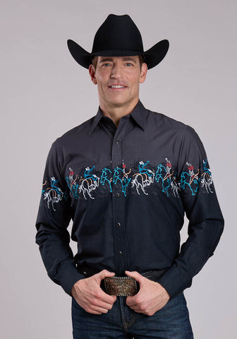 Roper Mens Painterly Rodeo Border Black 100% Cotton L/S Shirt