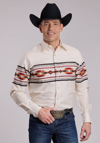 Roper Mens 2845 Aztec Border Cream 100% Cotton L/S Shirt