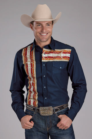 Roper Mens 2136 Aztec Border Blue 100% Cotton L/S Shirt