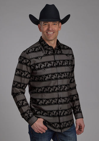 Roper Mens Horizontal Rodeo Stripe Black 100% Cotton L/S Shirt