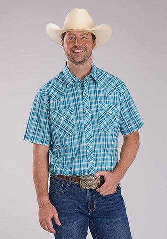 Roper Mens 2466 Ocean Dobby Blue 100% Cotton S/S Shirt