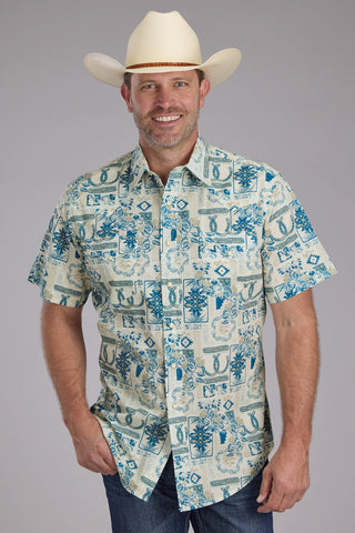 Roper Mens Tropical Resort Print Brown/Blue 100% Cotton S/S Shirt