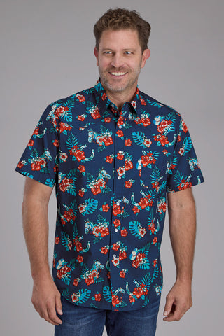 Roper Mens Hawaiian Print Blue 100% Cotton S/S Shirt