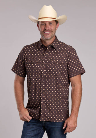 Roper Mens Performance Western Argyle Brown Nylon/Spandex S/S Shirt