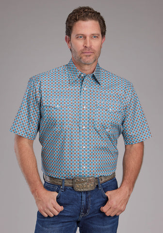 Roper Mens 2381 Tile Foulard Turquoise 100% Cotton S/S Shirt