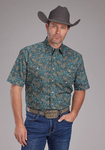 Roper Mens 2382 Dusk Paisley Blue 100% Cotton S/S Shirt