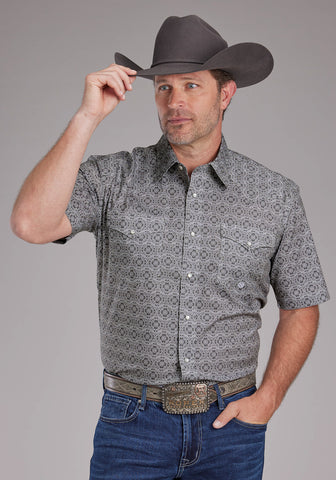 Roper Mens 2383 Medallion Paisley Grey Cotton Blend S/S Shirt