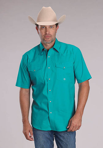 Roper Mens 2509 Solid Stretch Poplin Turquoise Cotton Blend S/S Shirt