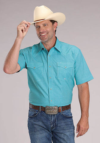 Roper Mens 2510 Stretch Mini Check Turquoise Cotton Blend S/S Shirt