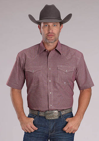 Roper Mens 2510 Stretch Mini Check Wine Cotton Blend S/S Shirt