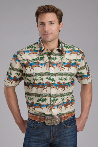 Roper Mens Tropical Horses Brown/Green 100% Cotton S/S Shirt