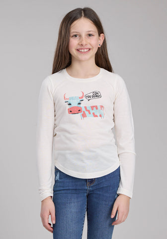 Roper Kids Girls Cow You Doing Cream Poly/Rayon L/S T-Shirt