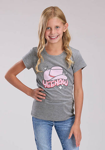 Roper Kids Girls Yeehaw Cowboy Hat Grey Poly/Rayon S/S T-Shirt