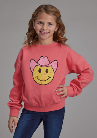 Roper Kids Girls Cowboy Happy Face Pink 100% Cotton Sweatshirt