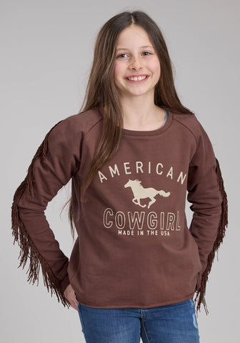 Roper Kids Girls American Cowgirl Brown 100% Cotton Fringe Sweatshirt