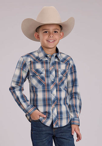 Roper Kids Boys 2461 Dusk Dobby Blue/White 100% Cotton L/S Shirt