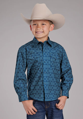 Roper Youth Boys 2350 Diamond Print Blue 100% Cotton L/S Shirt