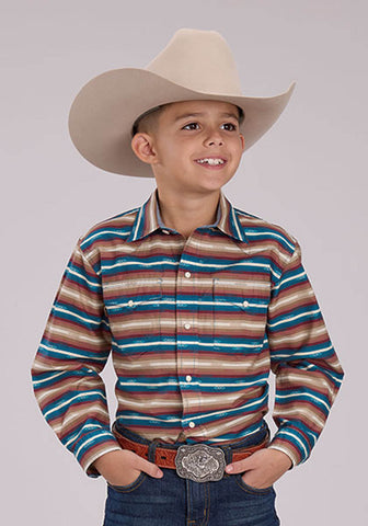 Roper Kids Boys Mini Aztec Stripe Brown/Blue 100% Cotton L/S Shirt