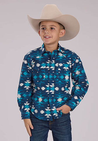 Roper Kids Boys 2467 Aztec Serape Blue/White 100% Cotton L/S Shirt